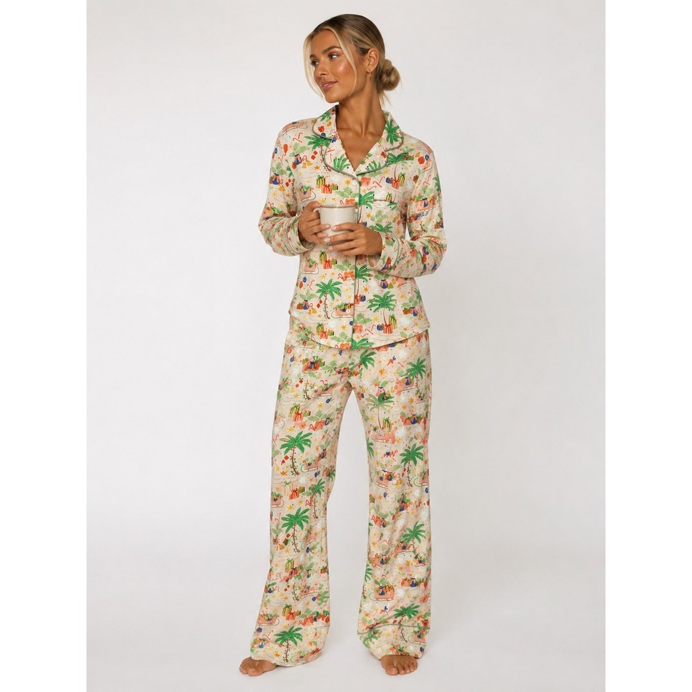 The Cat's Pajamas Pink Tropical Christmas Pima Cotton Modal Pajama Set L New